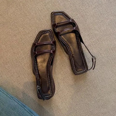 LIZAKOSHT - Designer Retro Summer Buckle Sandals French Elegant Women Flat Sandals Beach Square Toe Roman Shoes Ladies