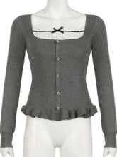 LIZAKOSHT - Casual Sweet Patchwork Dot Bow T Shirt Slim Square Collar Long Sleeve Tees Women Autumn Spring Fashion Streetwear