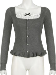 LIZAKOSHT - Casual Sweet Patchwork Dot Bow T Shirt Slim Square Collar Long Sleeve Tees Women Autumn Spring Fashion Streetwear