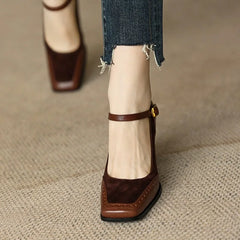 LIZAKOSHT - New Fashion French Style Women's Shoes Square Toe Chunky Heel Thick Sole Buckle Slip-On Pumps Vintage Sandals for Ladies