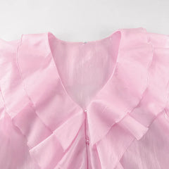 LIZAKOSHT - Summer Charm Pink Chiffon Sunscreen Coat Temperament Layered Ruffle V-neck Trumpet Short Women's Shirt