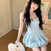 LIZAKOSHT  -  Sweet Mini Dress Women Vacation Beach Fashion Ruffles Lace Up Dresses Summer Y2K Korean Spaghetti Straps Bodycon Vestidos