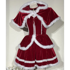  LIZAKOSHT - Women Christmas Wine Red Lace Fuzzy Trim Sleeveless A‑Line Dress with Bow Headband Festival Costume