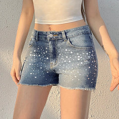 LIZAKOSHT  -  Rhinestone Detail Fashion Frayed Jeans Shorts Y2K Vintage Blue Summer Casual Stylish Women Denim Shorts Streetwear