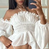 LIZAKOSHT - Off Shoulder Ruffles Sexy Lantern Long Sleeve Halter Backless Fashion All-match Crop Tops Y2K Summer Streetwear Blouses