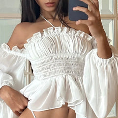 LIZAKOSHT - Off Shoulder Ruffles Sexy Lantern Long Sleeve Halter Backless Fashion All-match Crop Tops Y2K Summer Streetwear Blouses