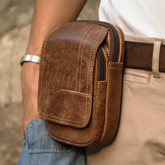 LIZAKOSHT - Vintage Genuine Leather Cowhide Waist Packs Men Multi Pockets Purse Zipper Belt Pouch for Outdoor Hanging Phone Bags