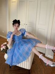 LIZAKOSHT  -  Retro French Lace Spliced Blue Plaid Puff Sleeve Mini Dress Vintage Women Ruffles Short Party Dresses Holiday Robe Vestidos