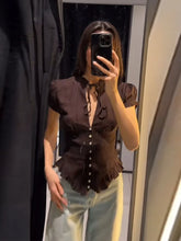 LIZAKOSHT - Solid Black Ruched Front Tie Blouse Puff Short Sleeve Peplum Hem Spring Romantic Women Chiffon Top Fashion Sweet Lady Shirt
