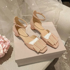 Lizakosht Naked Pink Lady Baotou Sandals Square Head Square Button French Thick Heel Single Shoes Mary Jane Shoes