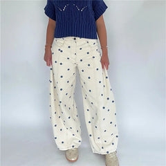 LIZAKOSHT - Polka Dot Jeans Women Y2K Print High Waisted Wide Leg Denim Pants Vintage Stretchy Boyfriend Jeans 90s 00s Streetwear