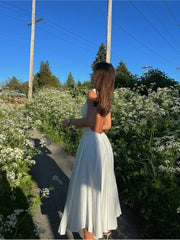 LIZAKOSHT - Elegant Backless Women White Sleeveless Midi Dress Fashion Slim O-neck Pleated Hem A-line Dresses Summer Female Chic Party Robes