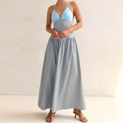 LIZAKOSHT - Women Halter Neck Striped Backless Maxi Dress Summer Sleeveless Long Dress Vacations Outdoor Backless Flowy Dress