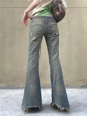 LIZAKOSHT - Vintage Low Rise Flared Jeans Streetwear Wide Leg Denim Pants Y2k Aesthetic Female Straight Trousers Chic All Match New
