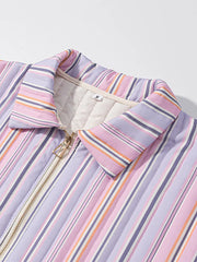 LIZAKOSHT - Chic Colorful Striped Lapel Collar Jacket Women Full Sleeve Zipper Patch Pockets Coat 2025 Autumn Female Chic Casual Outerwear