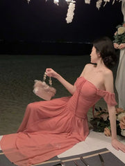 LIZAKOSHT - Summer Elegant Slim Beach Dress Korean New Tide One-piece A-line Shot Sleeve Sundress Women Fairy Pink Vestidos Mujer Clothes