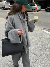 LIZAKOSHT - Women Fashion Grey Cropped Oversized Knitted Pullover Chic Scarf Collar Long Sleeve Loose Sweater Lady High Street Jumpers
