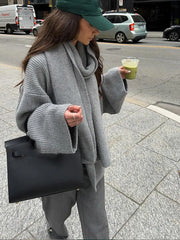 LIZAKOSHT - Women Fashion Grey Cropped Oversized Knitted Pullover Chic Scarf Collar Long Sleeve Loose Sweater Lady High Street Jumpers