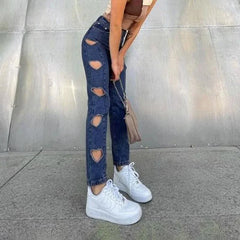 LIZAKOSHT - Y2K Heart-shaped High-waist Straight-leg Cut-out Ripped Jeans Women's Korean Slim-fit Trousers Casual Pants Summer Streetwear
