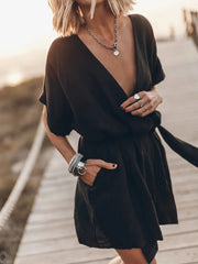 LIZAKOSHT - Cotton Linen V-Neck Loungewear Mini Dress, Women Summer Short Sleeve Solid Patchwork Party Dress, Lace-Up Elegant Ladies Dress