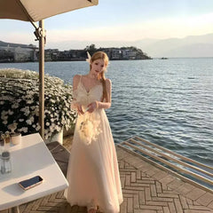 LIZAKOSHT - French Butterfly Strapless Long Dress Women Pure Desire Backless Lace Fairy Skirt Beach Vacation Summer Hot Sale Of The Season W