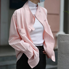 LIZAKOSHT - Autumn New Solid Pink Fashion Women Blouse Office Lady Slit Stand Collar Shirts Loose Casual Simple Female Coat Jacket