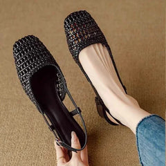LIZAKOSHT - Hot Selling Weaved Slingback Sandals Woman Straw Plaited Low Heel Sandalias Ladies Brand Design Summer Square Toe Hollow Out