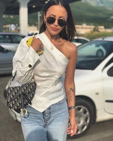 LIZAKOSHT - Fashion Women's One-shoulder Top Summer and Autumn Cotton and Linen Top Fashion Asymmetry Women's Casual Street Top New