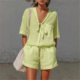 LIZAKOSHT - Women's 2 Piece Beach Shorts Outfits Summer Casual Loose Short Sleeve V Neck Tie Up Tops Wide Leg Shorts Sets Comfy lounge Sets