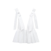 LIZAKOSHT - Woman Sexy Sleeveless Backless Deep V-Neck Slim Elegant Tops Summer New Women's White Bow Wrinkles Decorate Top