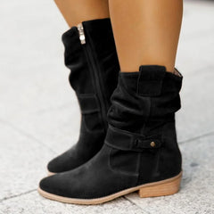 LIZAKOSHT - New Women Short Boots,Flock Booties,Low Heels Ankle Botas, Round toe,Side Zip,Black,Apricot,Brown