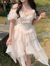 LIZAKOSHT - Women Sweet Pink Party Dress Female Puff Sleeve Ruffle Patchwork Princess Dress Lady Mesh Holiday Beach Cake Dress