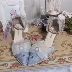 LIZAKOSHT - Pearl Chain Sweet Lace Bowknot Elegant Princess Pointed Sandals Lolita Shoes Silver Wedding Tea Party Cosplay Lolita Shoes