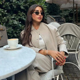 LIZAKOSHT - Woman Bomber Jacket White Autumn Winter Cropped Jackets for Women Long Sleeve with Buttons Lady Vintage Outwear