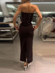 LIZAKOSHT - Sexy Sequin Patchwork Party Dress Brown Backless Sleeveless Tube Top Hollow Out Long Dresses 2025 Summer Solid High Street Robes