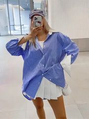 Lizakosht Spring Summer Striped Blouses 2024 New Simple Long Sleeve Lapel Collar Patchwork Blouse Ladies Casual Fashion Shirts For Women