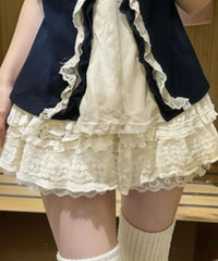 LIZAKOSHT - Japanese Sweet Preppy 2 Piece Set Women Navy Bow Cardigan + High Waist Lace Tiered Cake Mini Skirt Summer Casual Fashion Outfit