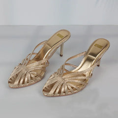 LIZAKOSHT - Summer Hollowed Out High Heels Mules Shoes for Women Luxury Golden Cross Woven Design Formal Party Brand Ladies Modern Sandals