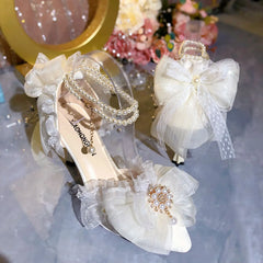 LIZAKOSHT - Elegant Womens Dress Shoes White Lolita Mary Jane Shoes Woman Luxury Designer Pearl Lolita Sandals Sling Back Heels Women