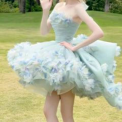 LIZAKOSHT - Blue Short Three Dimensional Flower Adult Ceremony Birthday Banquet Sweet Cocktail Party Blossoms Puffy Evening Dress