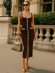 LIZAKOSHT - Fashion Patchwork Long Dress Women Square Collar Sleeveless Single Breasted Split Robe 2025 Summer Elegant Female Party Dresses