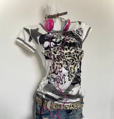 LIZAKOSHT - White T Shirts Women Summer Stars Leopard Print Patchwork Short Sleeve Top Y2k 2000s Sweet Cool Punk Subculture Tees