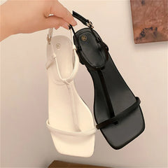 LIZAKOSHT - New Simple T-Strap Square Toe Flat Sandals Women Fashion Solid Color Soft Sole Roman Shoes Sandalias Mujer