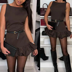 LIZAKOSHT - Simple Solid Color Hollow Out Backless Club Jumpsuits Fashion Sleeveless Shorts Playsuits Women O-neck Slim Ruffle Romper