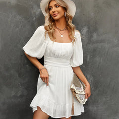 LIZAKOSHT - Off Shoulder Puff Sleeve Sexy Dress for Women Boho Beach Wear Vestidos Vintage High Waist Ruffles Summer Dress