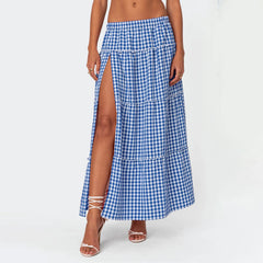 LIZAKOSHT - Vintage Plaid Maxi Skirts for Women Y2K Elastic Waist Side Slit Tiered Skirt Summer Flowy Gingham A Line Long Skirt
