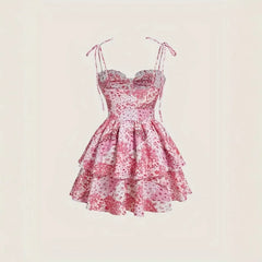 LIZAKOSHT - French Summer New Fashion Temperament Beach Lady Sexy Camisole Elastic Waist Mini Dress Floral Short Dresses Casual Y2k Clothes