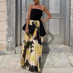 LIZAKOSHT - Women One Shoulder Tube Tops Blouse with Long Skirts Suit Temperament Outfits Elegant Floral Print Pleat Banquet Dress Set