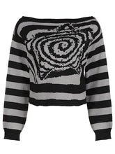 LIZAKOSHT - Black Striped Patchwork Sweater Gothic Off Shoulder Short Tops Chic 2000s Clothes Y2k Jersey Vintage Women's Pullovers