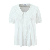 LIZAKOSHT - Holiday White Spliced Wood ears Lace Peter Pan Collar Short Puff Sleeve Shirt Women Fold Pleated Front Open Buttons Blouses Tops